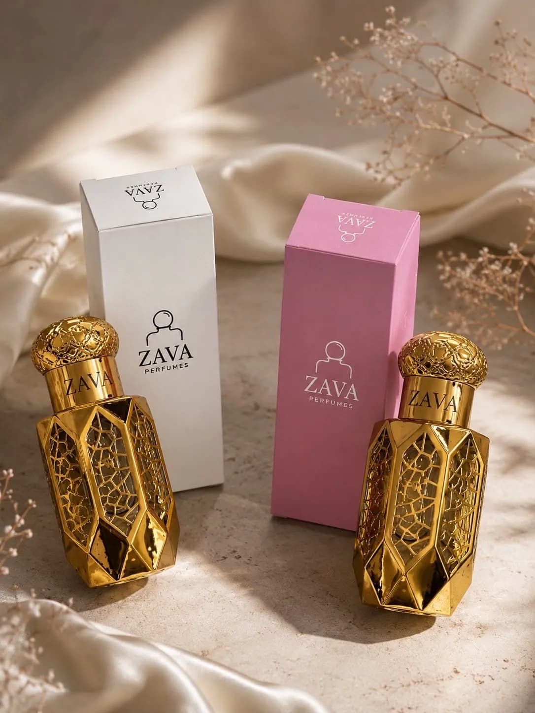 Zava gold faceted bottles on travertine with dried flowers